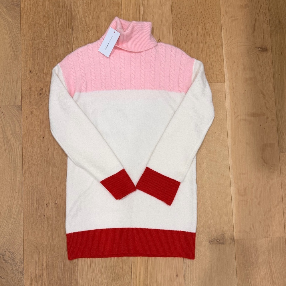 Lovers + Friends Colorblock Turtleneck Sweater XS Pink White Red Cable Knit